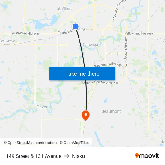 149 Street & 131 Avenue to Nisku map