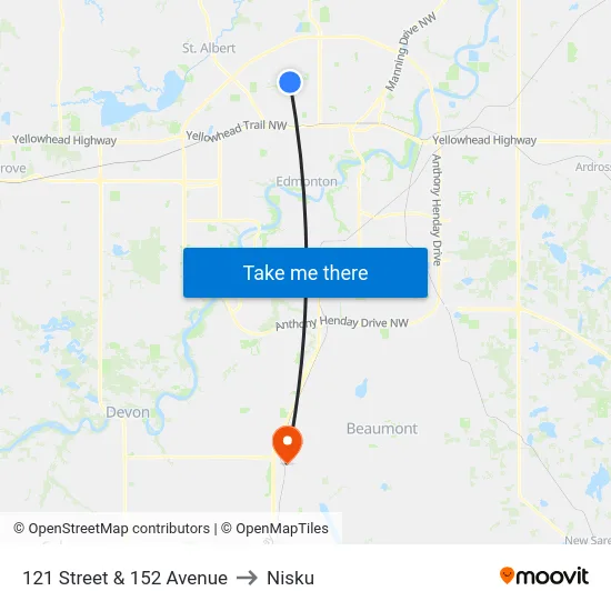121 Street & 152 Avenue to Nisku map