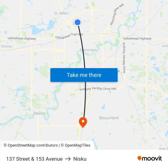 137 Street & 153 Avenue to Nisku map