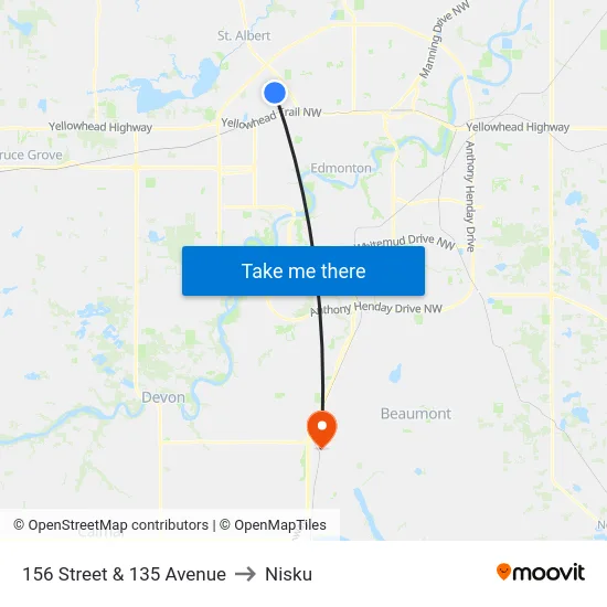 156 Street & 135 Avenue to Nisku map