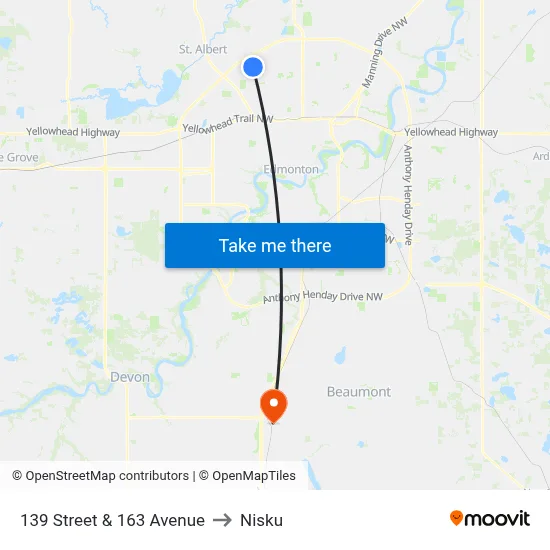 139 Street & 163 Avenue to Nisku map
