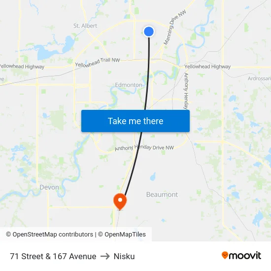 71 Street & 167 Avenue to Nisku map