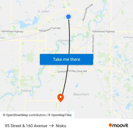 95 Street & 160 Avenue to Nisku map