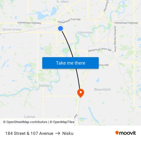 184 Street & 107 Avenue to Nisku map