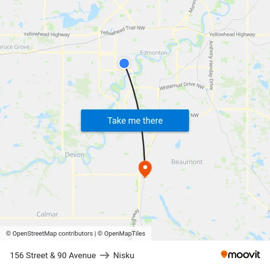 156 Street & 90 Avenue to Nisku map