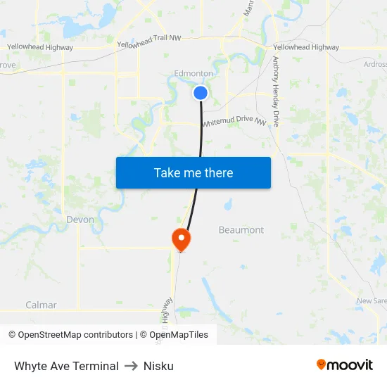 Whyte Ave Terminal to Nisku map