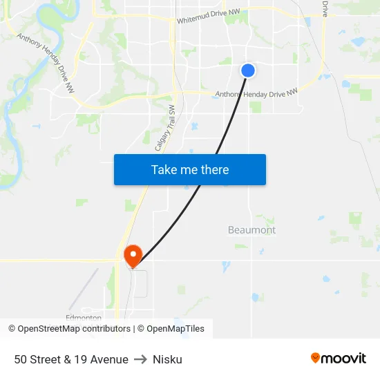 50 Street & 19 Avenue to Nisku map