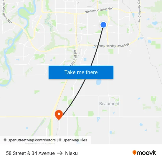 58 Street & 34 Avenue to Nisku map
