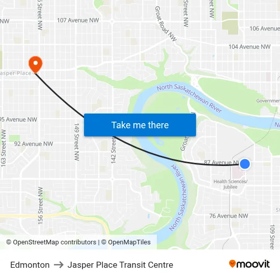 Edmonton to Jasper Place Transit Centre map