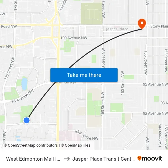 West Edmonton Mall Inn to Jasper Place Transit Centre map