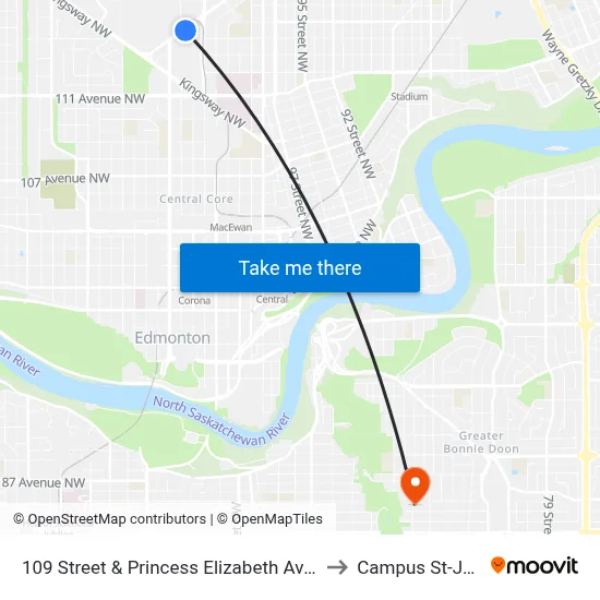 109 Street & Princess Elizabeth Avenue to Campus St-Jean map