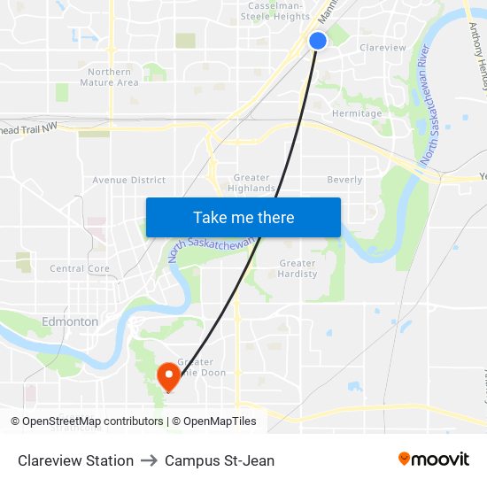 Clareview Station to Campus St-Jean map