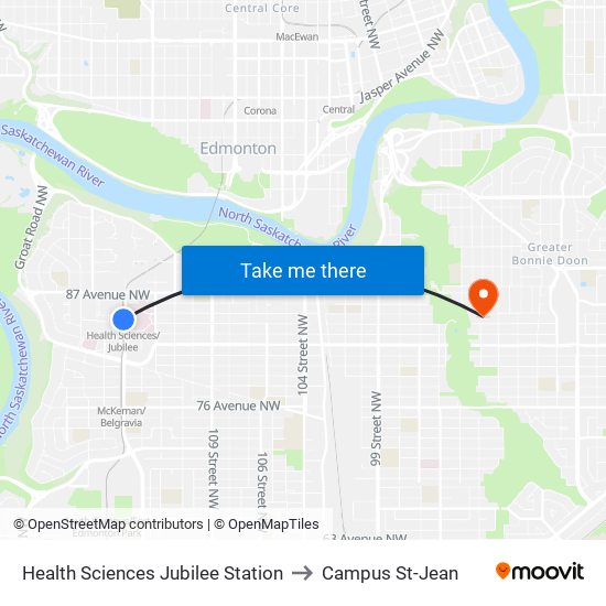 Health Sciences Jubilee Station to Campus St-Jean map