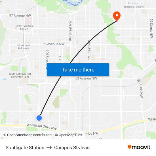 Southgate Station to Campus St-Jean map