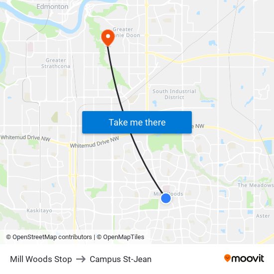 Mill Woods Stop to Campus St-Jean map