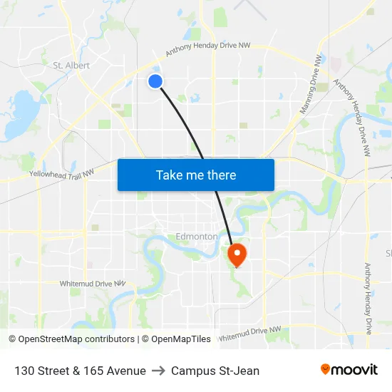 130 Street & 165 Avenue to Campus St-Jean map