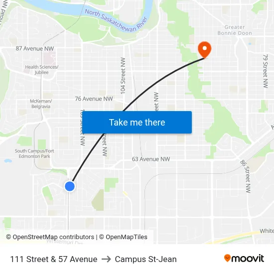 111 Street & 57 Avenue to Campus St-Jean map