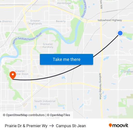 Prairie Dr & Premier Wy to Campus St-Jean map