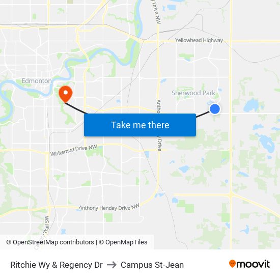 Ritchie Wy & Regency Dr to Campus St-Jean map