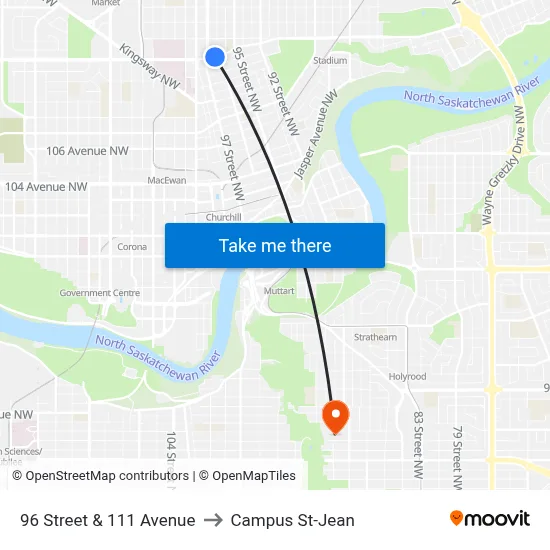 96 Street & 111 Avenue to Campus St-Jean map