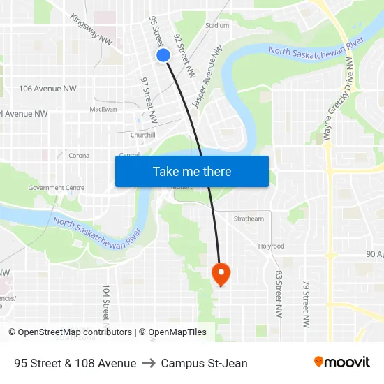 95 Street & 108 Avenue to Campus St-Jean map