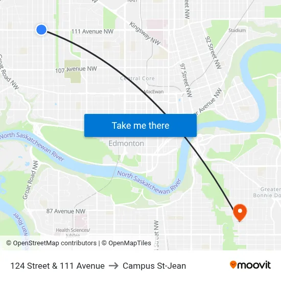 124 Street & 111 Avenue to Campus St-Jean map