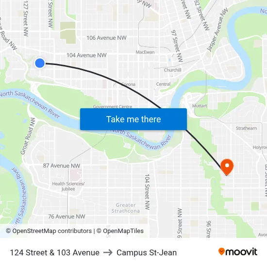124 Street & 103 Avenue to Campus St-Jean map
