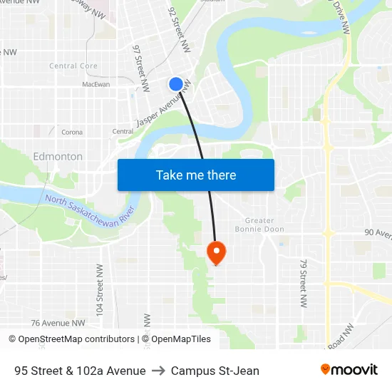 95 Street & 102a Avenue to Campus St-Jean map
