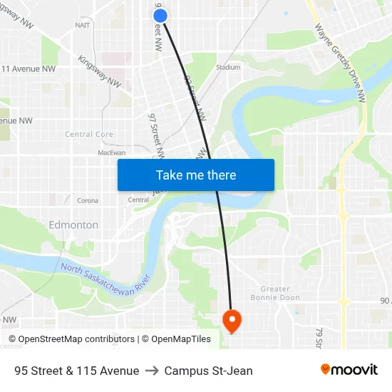 95 Street & 115 Avenue to Campus St-Jean map