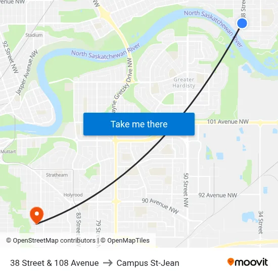 38 Street & 108 Avenue to Campus St-Jean map