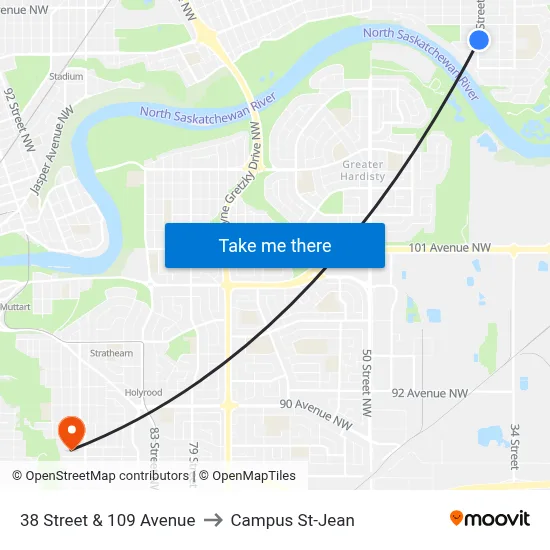 38 Street & 109 Avenue to Campus St-Jean map