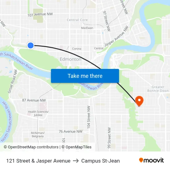 121 Street & Jasper Avenue to Campus St-Jean map