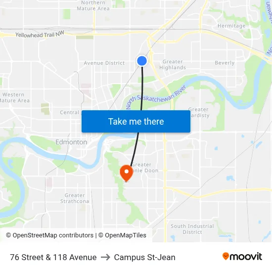 76 Street & 118 Avenue to Campus St-Jean map