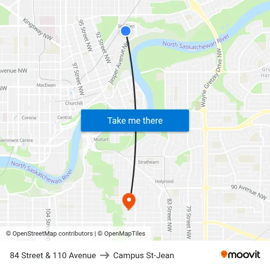84 Street & 110 Avenue to Campus St-Jean map