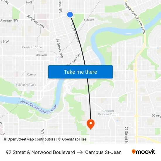 92 Street & Norwood Boulevard to Campus St-Jean map
