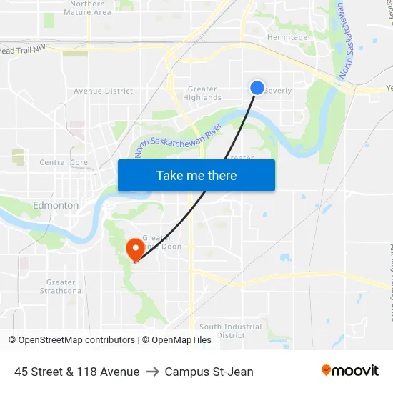45 Street & 118 Avenue to Campus St-Jean map