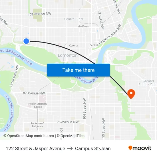 122 Street & Jasper Avenue to Campus St-Jean map