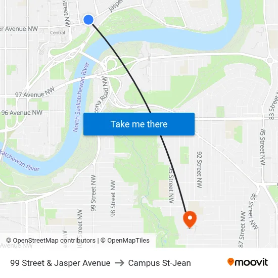 99 Street & Jasper Avenue to Campus St-Jean map