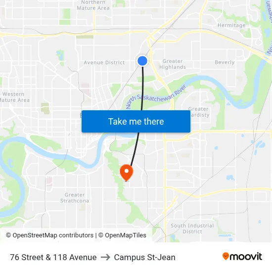 76 Street & 118 Avenue to Campus St-Jean map