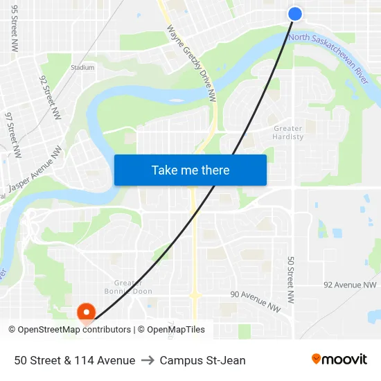 50 Street & 114 Avenue to Campus St-Jean map