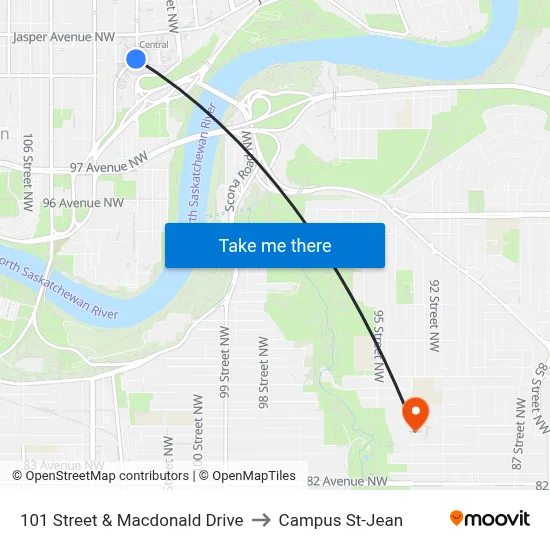 101 Street & Macdonald Drive to Campus St-Jean map