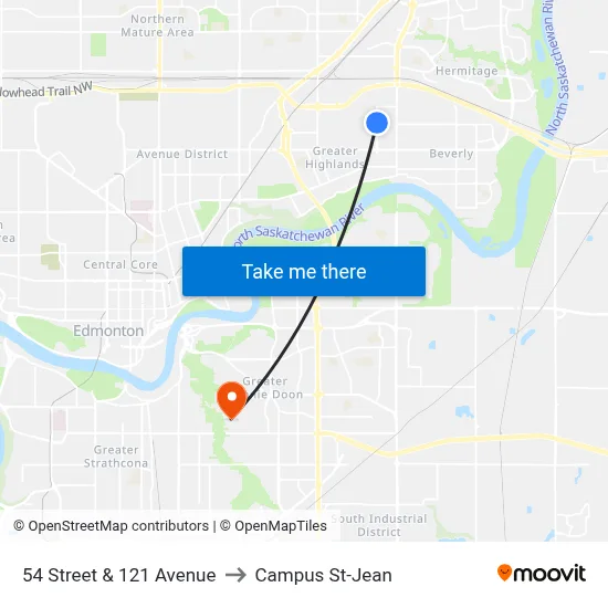 54 Street & 121 Avenue to Campus St-Jean map