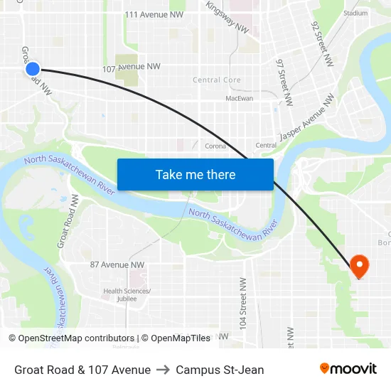 Groat Road & 107 Avenue to Campus St-Jean map