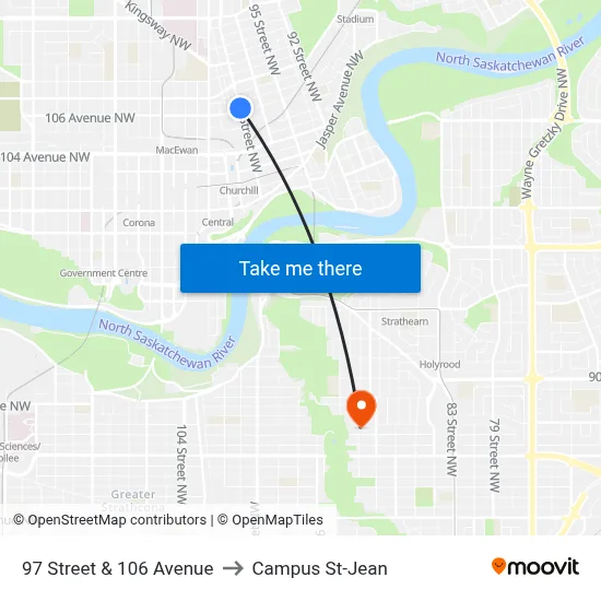 97 Street & 106 Avenue to Campus St-Jean map