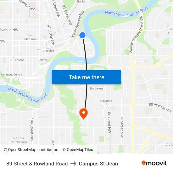 89 Street & Rowland Road to Campus St-Jean map
