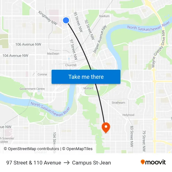 97 Street & 110 Avenue to Campus St-Jean map