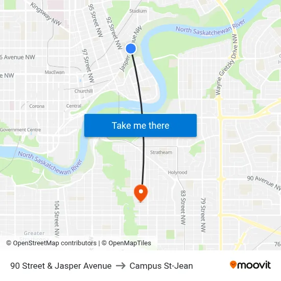 90 Street & Jasper Avenue to Campus St-Jean map