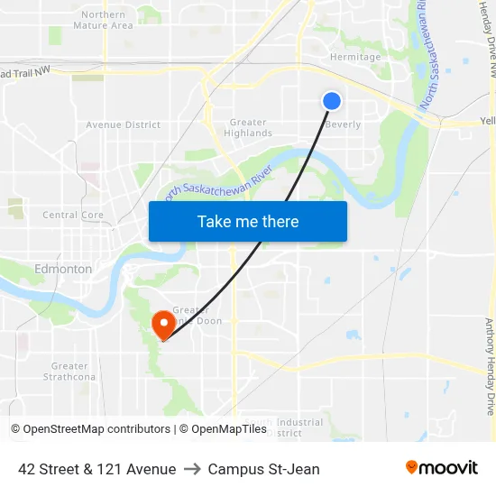 42 Street & 121 Avenue to Campus St-Jean map