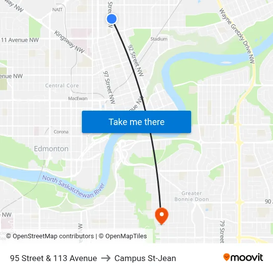 95 Street & 113 Avenue to Campus St-Jean map