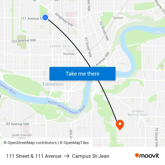 111 Street & 111 Avenue to Campus St-Jean map